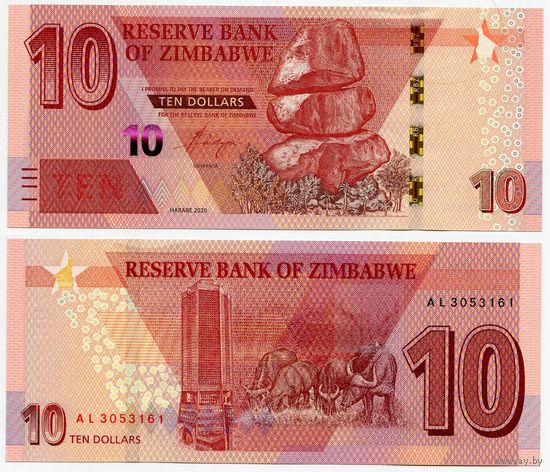 Зимбабве. 10 долларов (образца 2020 года, P101b, UNC)