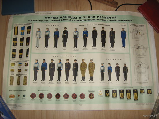 Плакат МО СССР форма одежды и знаки различия  срочников, курсантов и нахимовцев ВМФ