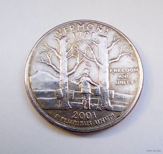 США,25 центов,квотер2001Р,штат Вермонт