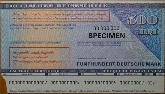 Дорожный Чек Германия ФРГ 500 марок. Образец